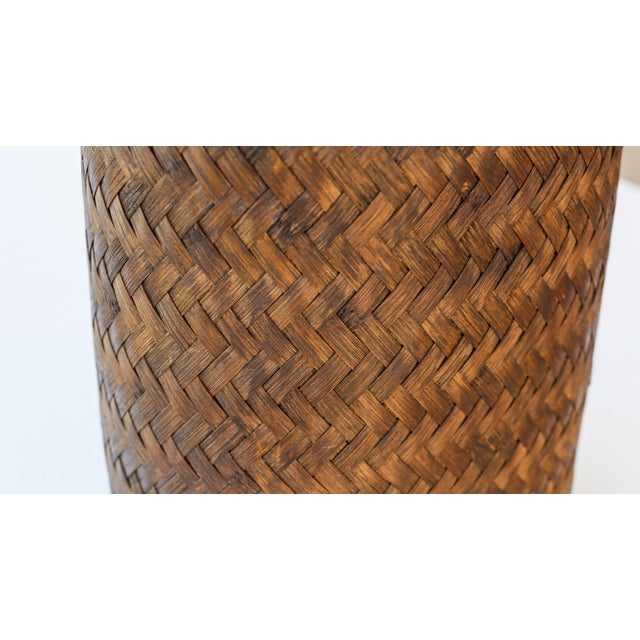 Wood Tropical Tiki Style Oval Dark Brown Wicker Knitting Sewing Basket With Hinged Lid For Sale - Image 7 of 13