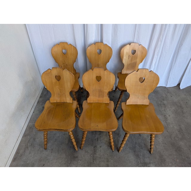 Vintage Tyrolean Farmhouse Heart Cutout Wooden Dining Chairs, 1970s, Set of 6 For Sale - Image 4 of 18