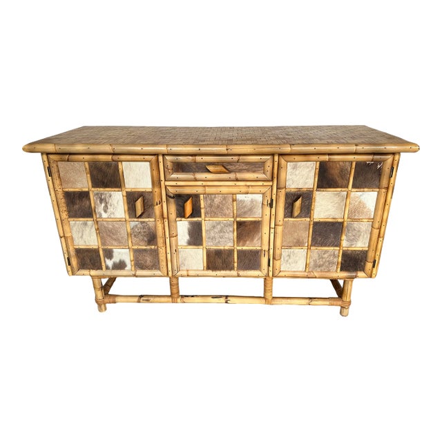 Bamboo Wood and Cow Leather Buffet Dry Bar. Italy, 1970s For Sale