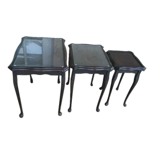 1980s Vintage Traditional Style Dark Tone Wood Nesting Tables Glass Top Set of 3