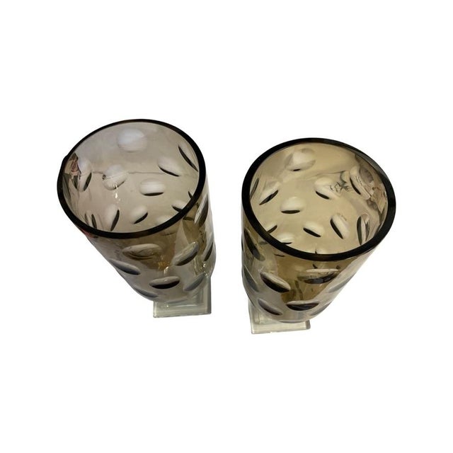 Pair of Hand-Blown Smoky Brown Bubble Glass Hurricanes with Clear Square Glass Base, by A Sonoma.