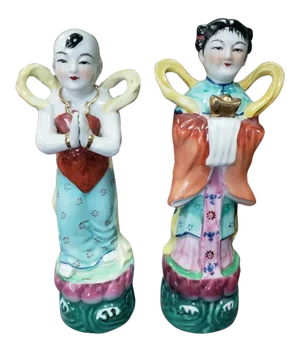 Circa 1900 Chinese Famille Rose Porcelain Boy and Girl Prosperity Figurines - a Pair