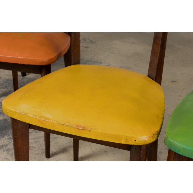 Mid Century Modern French Oak Dining Chairs in Rainbow Vinyl - Set of 6 For Sale In New York - Image 6 of 18