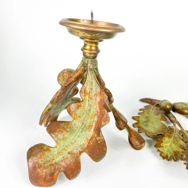 2000s Cs Arte Firenze Cast Bronze Oak Branches With Leaves and Acorns Candleholders- Set of 2 For Sale - Image 4 of 11