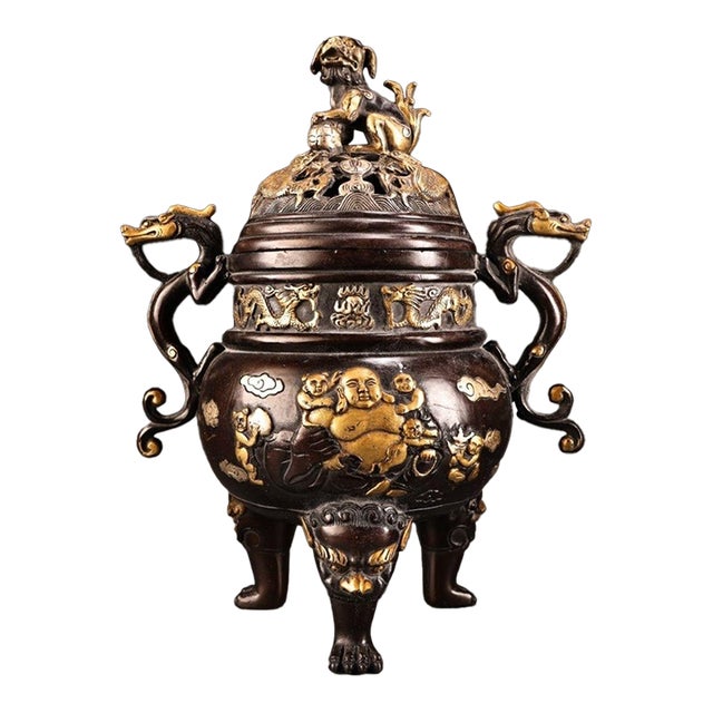 Late 20th Century Gilt Bronze Censer With Laughing Buddha and Guardian Lion Finial For Sale