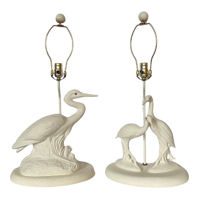 Sculptural Hollywood Palm Regency Chinoiserie Crane Bird Lamps, Pair For Sale