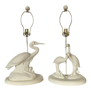 Sculptural Hollywood Palm Regency Chinoiserie Crane Bird Lamps, Pair