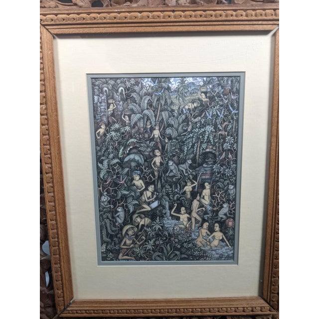 Late 20th Century Pair of Balinese Batuan-Style Narrative Paintings in Hand-Carved Wood Frames For Sale - Image 10 of 16