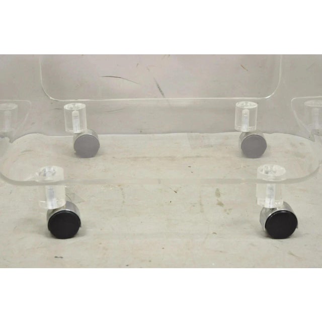 Vintage Clear Lucite Acrylic Mid Century Modern Rolling Side Tables - A Pair For Sale - Image 10 of 11