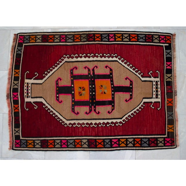 Authentic Kars Kilim Rug, Red and Earth Tone Turkish Rug, Small Living Room Kilim, Rare Personal Village Weave, 1970s Anatolian Rug 4x5 Ft Approx For Sale - Image 14 of 16
