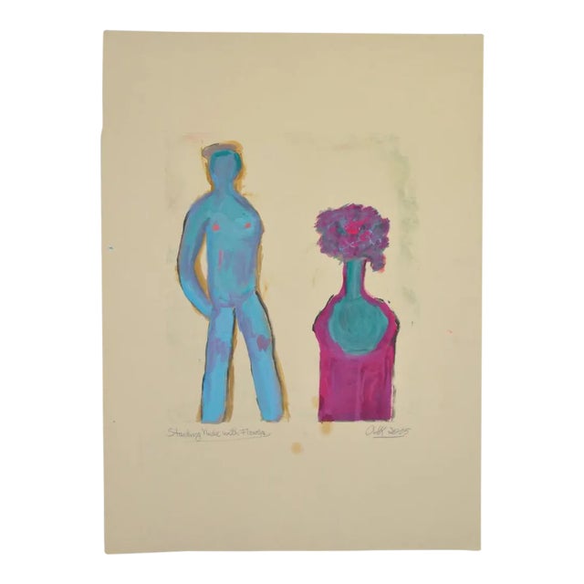 Arthur Krakower "Standing Nude With Flowers" Original Monotype C.2005 For Sale