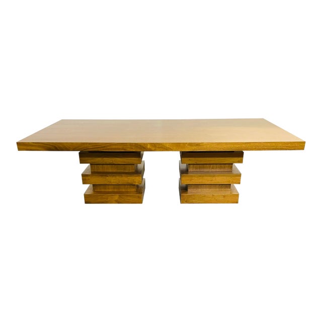 Modern Oak Double Pedestal Base Dining / Conference Table, Geometric Design For Sale