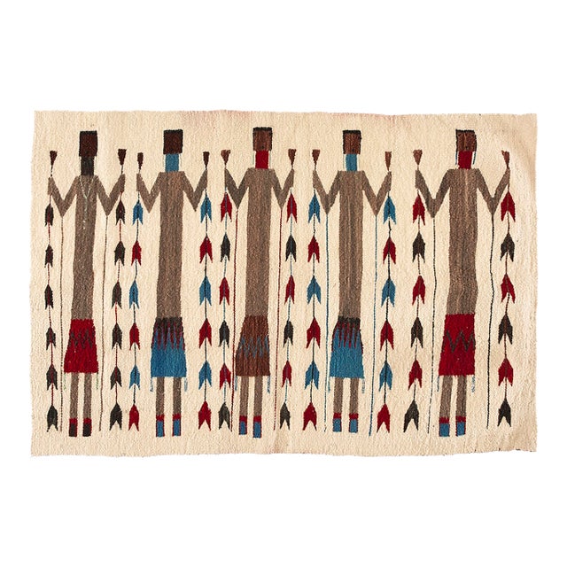 1930s Ivory Geometric Figures Antique American Navajo Yei Carpet 3' 5'' X 5' Flatweave Wool Rug For Sale