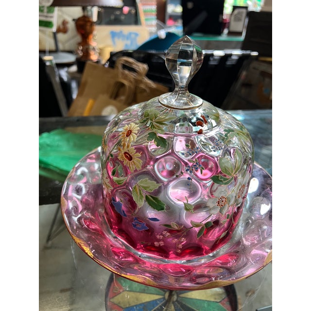 1970s Beautiful Pink Glass Cake Cover and Plate With Floral Accents For Sale - Image 4 of 9