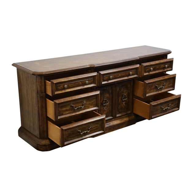 Wood Stanley Furniture Solid Walnut Italian Provincial 74" Triple Door Dresser For Sale - Image 7 of 15