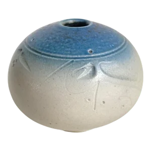 Vintage Signed Studio Pottery Weed Pot Vase Pale Blue & White Glaze Petite 3” Tall