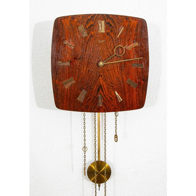 Mid Century Modern Wall Clock Rosewood Pendulum Weights Hanging Square Chime For Sale In Sacramento - Image 6 of 9