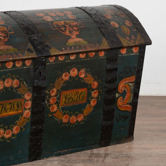 Original Hand Painted Teal Oak Dome Top Swedish Trunk Dated 1846 For Sale - Image 14 of 15