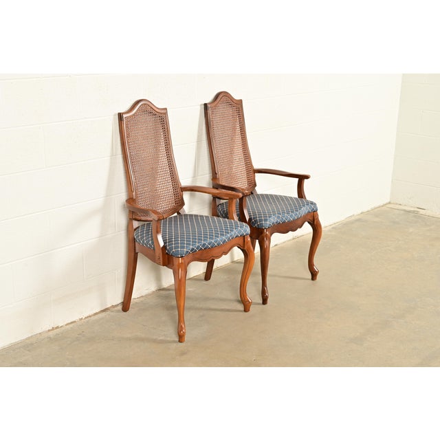 Baker Furniture Company Baker Furniture Style French Provincial Louis XV Carved Walnut and Cane Back Armchairs, Pair For Sale - Image 4 of 14