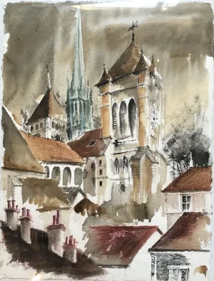 Pierre Duc, Cathédrale Saint Pierre Genève, 1980, Pencil & Watercolor on Paper