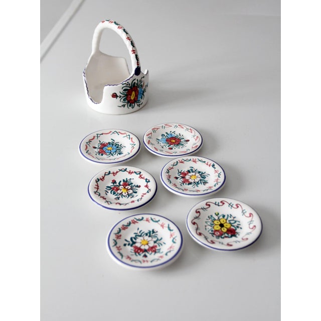 Mid 20th Century Vintage Crespo Spanish Faience Coaster Set With Basket Holder For Sale - Image 5 of 15