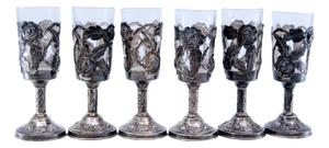 Silver Glasses with Glass Interior and Reliefs with Cut-Out Flowers, Set of 6