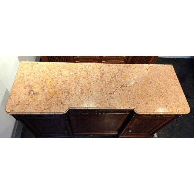 Chestnut Belgian Louis XVI Style Marble Top Marquetry Sideboard With Decorative Brass For Sale - Image 8 of 11