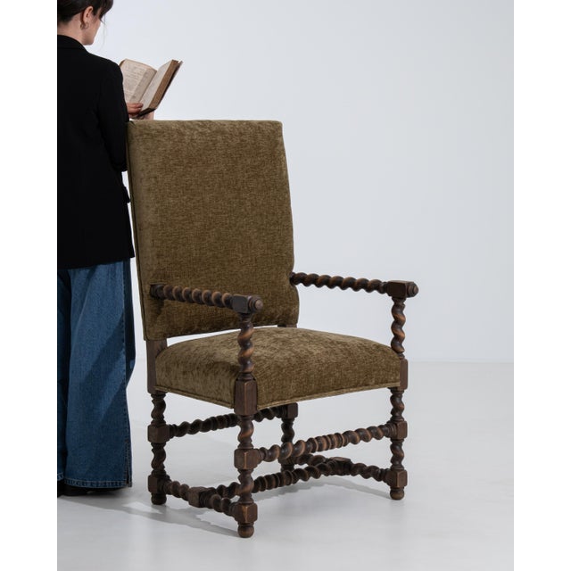 19th Century Louis XIII Style Wooden Throne Chair with Upholstery Mustard For Sale - Image 13 of 15
