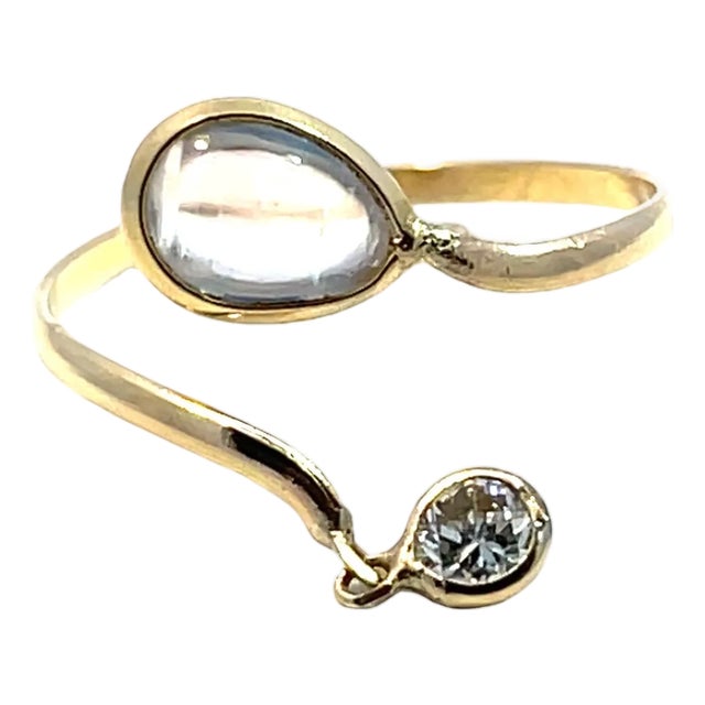 14k Yellow Gold Moonstone & Diamond Ring, Size 5 For Sale
