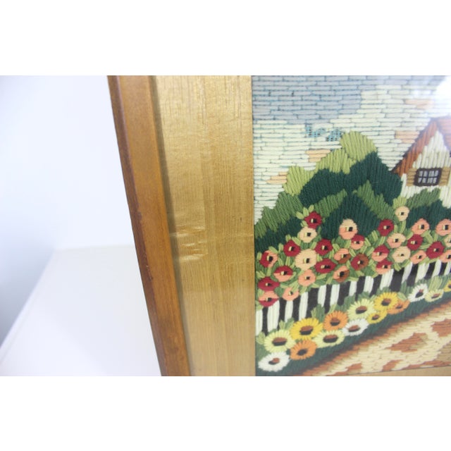 Brown Vintage Framed Crewel Embroidery Art Cottage and Flowers For Sale - Image 8 of 11
