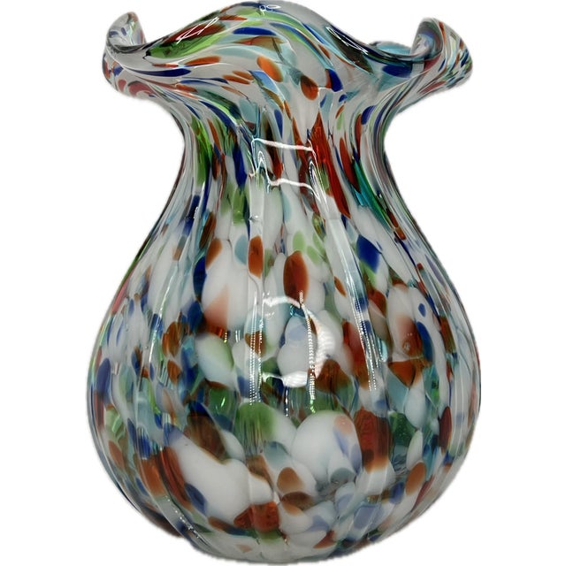 Mid-Century Modern Vintage MCM Millefiori Speckled Ruffled Top Art Glass 7.5" Vase For Sale - Image 3 of 9
