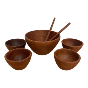 1970s Mid Century Modern Teak Wood Salad Bowl Serving Bowl Set - 7 Piece