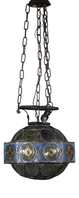 Florentine Liberty Wrought Iron and Lead Glass Lantern, 1900
