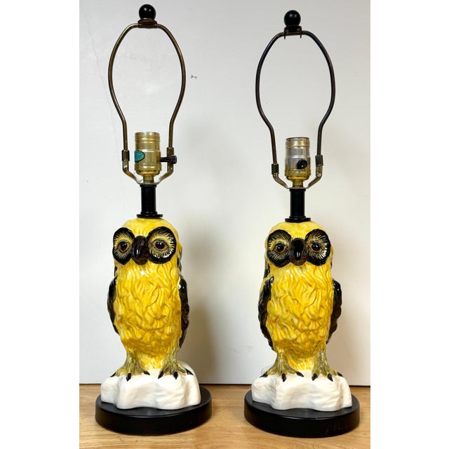 Pair of Mid-Century Italian Spectacled Owl Pottery Lamps, 1960s For Sale - Image 4 of 18