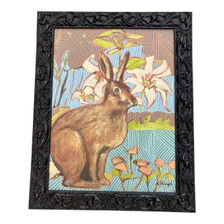 Contemporary Original Stephen Heigh Rabbit Painting “Rabbit in the Garden” Vintage Frame For Sale