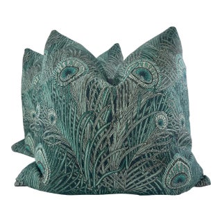 Liberty Fabrics "Hera Feather" in Jade 22" Pillows-A Pair For Sale