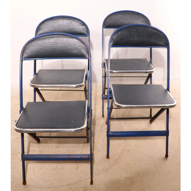 4 Vintage Folding Chairs in Blue Oilcloth Steel and Chrome by Cosco For Sale In New York - Image 6 of 11