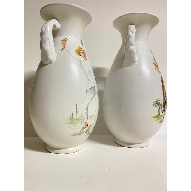 Pair Mid-Century Modern Alfa Italian Pottery Vases With Dancers For Sale - Image 4 of 10