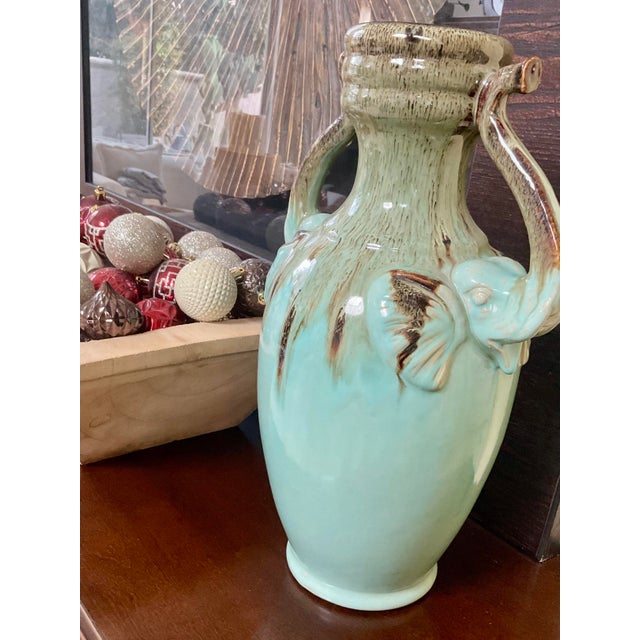 Ceramic Glazed Vase With Elephant Trunks as Handles and Writing on the Bottom of Turquois Color Vessel For Sale - Image 12 of 12