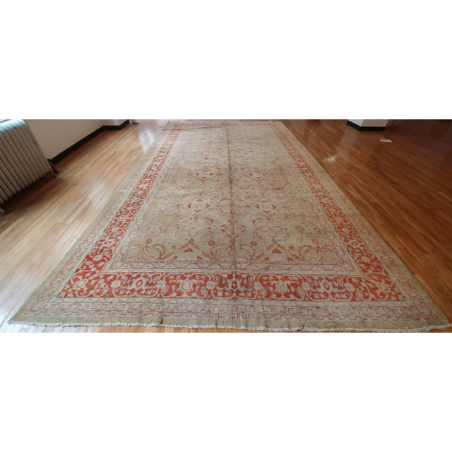 Antique Oushak Carpet Handmade Oriental Rug, Pale Green Coral, Taupe, Cream Fine For Sale - Image 4 of 10