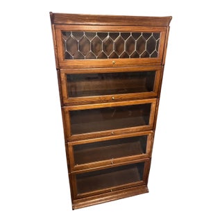Late 20th Century Oak Barrister Leaded Top 5 Stack Bookcase For Sale