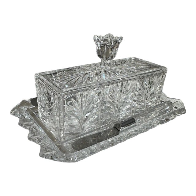 Late 20th Century Crystal Covered Butter Dish With Knives For Sale