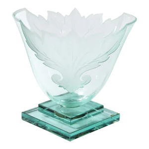 Frosted and Etched Cut Glass Leaf Vase/Bowl on Geometric Base by Robert Guenther