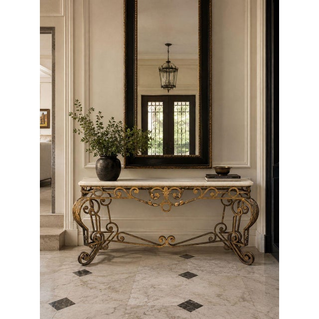 Maitland Smith, Italian Rococo Style Console Table, Gilt Metal, White Marble, Philippines, 1980s A substantial gilt iron...