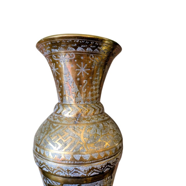 Metal Pair of Large Mid-Century Indian Etched Brass Vases For Sale - Image 7 of 11