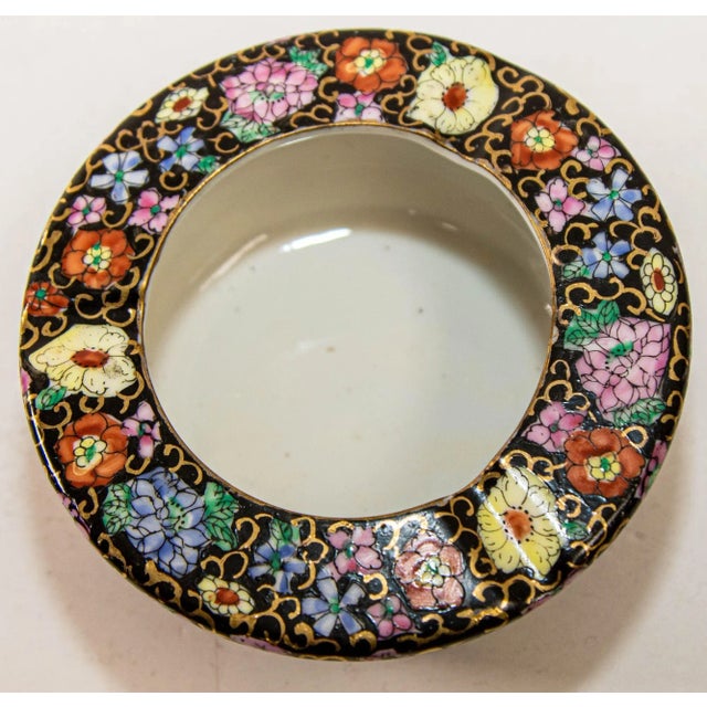 Vintage Asian Porcelain Hand Painted Black Floral Ashtray China For Sale In Palm Springs - Image 6 of 13