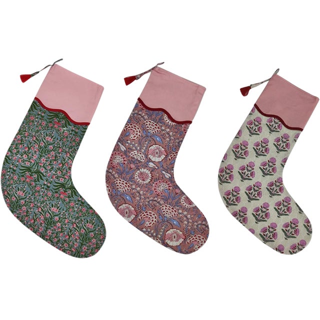 Handmade Assorted Pink Flower Holiday Block Print Christmas Stockings, Set of 3 For Sale
