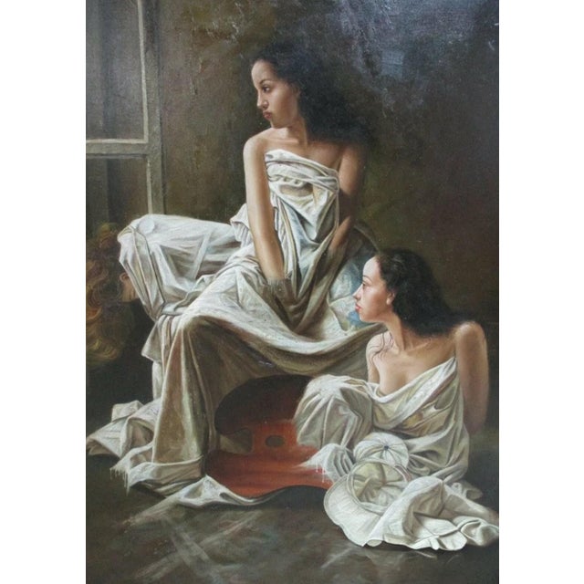 1980s Large Timeless Treasures Gold Gilt Carved Bathing Ladies Women Oil Painting For Sale In Philadelphia - Image 6 of 9