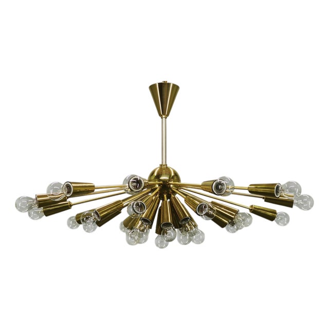 28-Light Brass Sputnik Chandelierby Kamenický Šenov, Czechoslovakia, 1970s For Sale