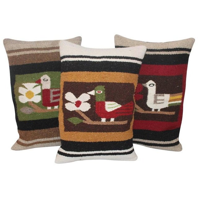 Folk Art Mid 20th Century Pictorial Indian Weaving Pillows With Birds For Sale - Image 3 of 4